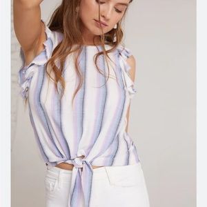 Bella Dahl Womens Size Large Purple Stripe Ruffle Sleeve Tie Front Tank Top